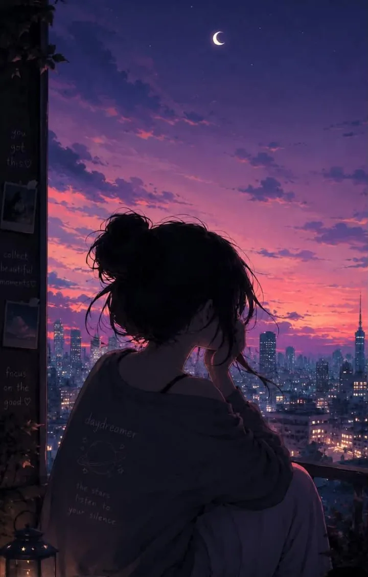Illustrated city at violet dusk
