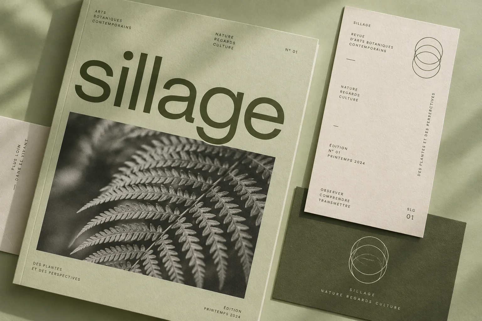 Original presentation study: pale green Sillage publication, botanical photograph and printed stationery.